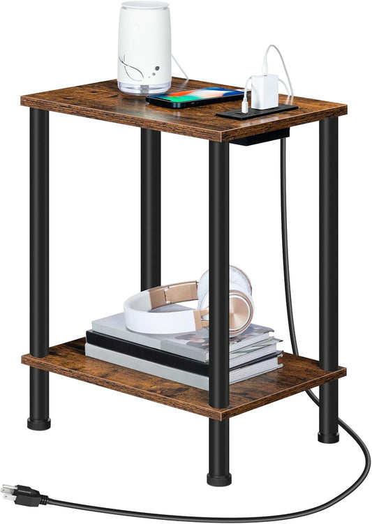 Side Table with Charging Station, End Table with USB Port and Outlet, Nightstand with 2-Layer Storage Shelves for Small Spaces, Living Room, Bedroom, Stable Frame, Rustic Brown BF09UBZ01