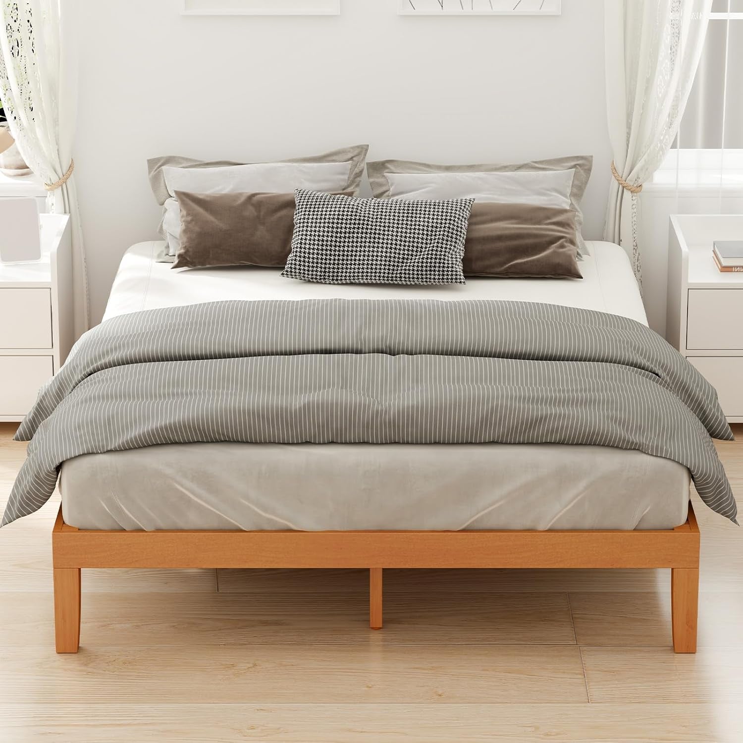 Solid Wood Bed Frame, Queen Size Bed Base with Wooden Slat Support, Sturdy, Stylish & Noise-Free Design, No Box Spring Needed, Easy Assembly, 12 in Natural Pine