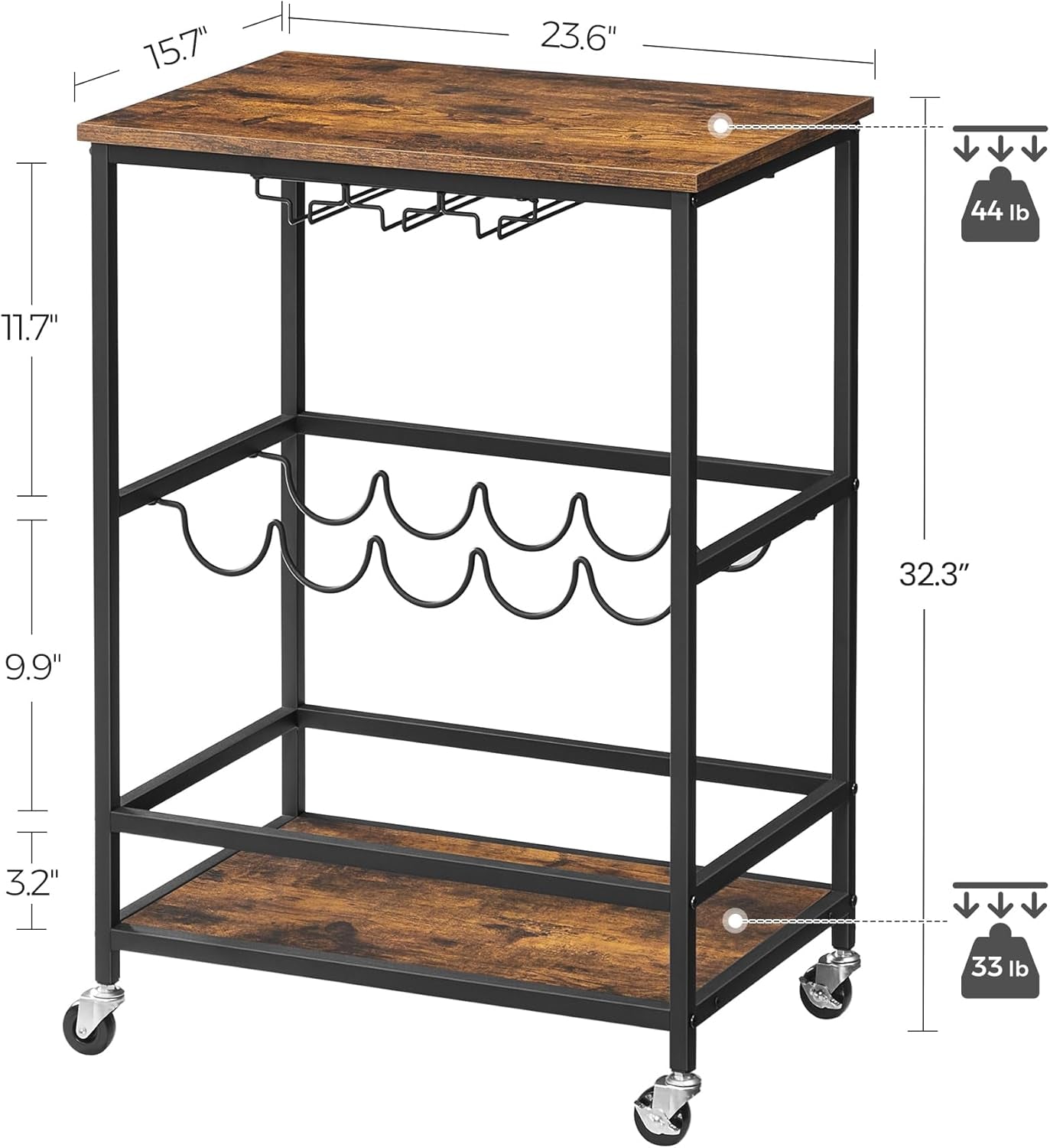 Bar Cart, Serving Cart with Wheels, Glass Stemware Rack and Wine Bottle Holders, 15.7 X 23.6 X 32.3 Inches, Industrial, Rustic Brown and Black ULRC087B01