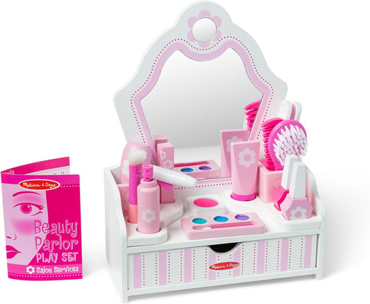 Wooden Beauty Salon Play Set, 18-Piece Vanity with Pretend Play Toys, Makeup, Mirror, Accessories & More, Preschool Toys for Girls & Boys Ages 3+ - FSC Certified