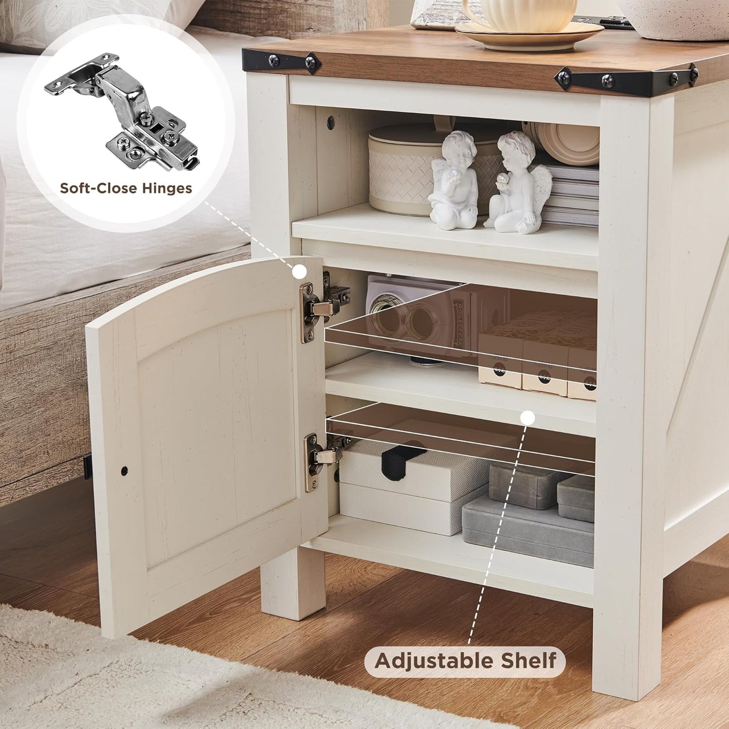 Farmhouse Nightstand with Charging Station, 18" Rustic End Table with Adjustable Storage Shelf, Wood Rustic Wood Sofa Side Table for Bedroom