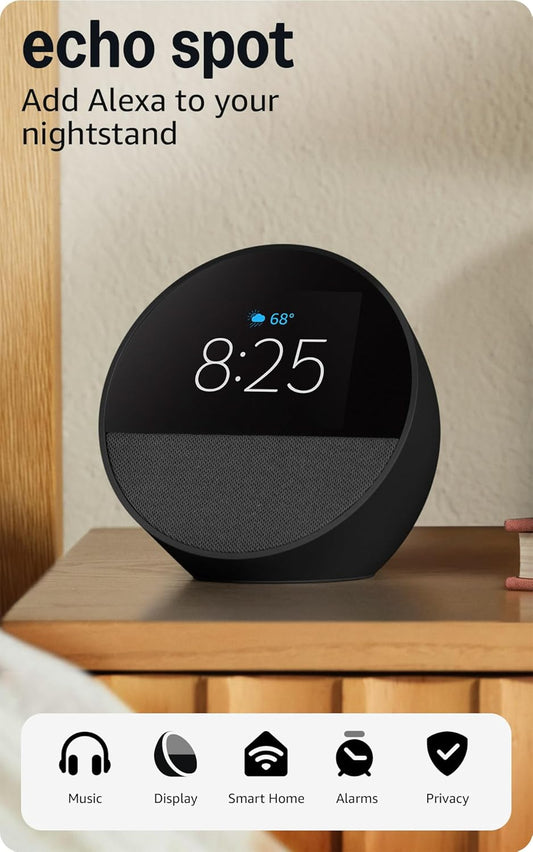 Echo Spot (Newest Model), Great for Nightstands, Offices and Kitchens, Smart Alarm Clock with Alexa, Black