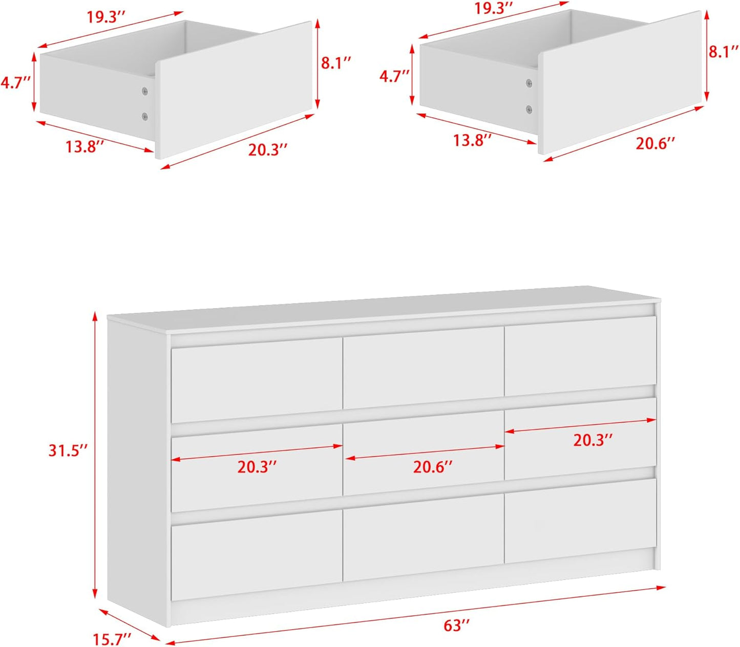 9 Drawer Dresser for Bedroom with Deep Drawers, Large Floor Wood Dressers & Chest of Drawers Handle Free, Modern White Long Dressers for Closet Living Room, Euro Slide (63"W X 15.7"D X 31.5"H)