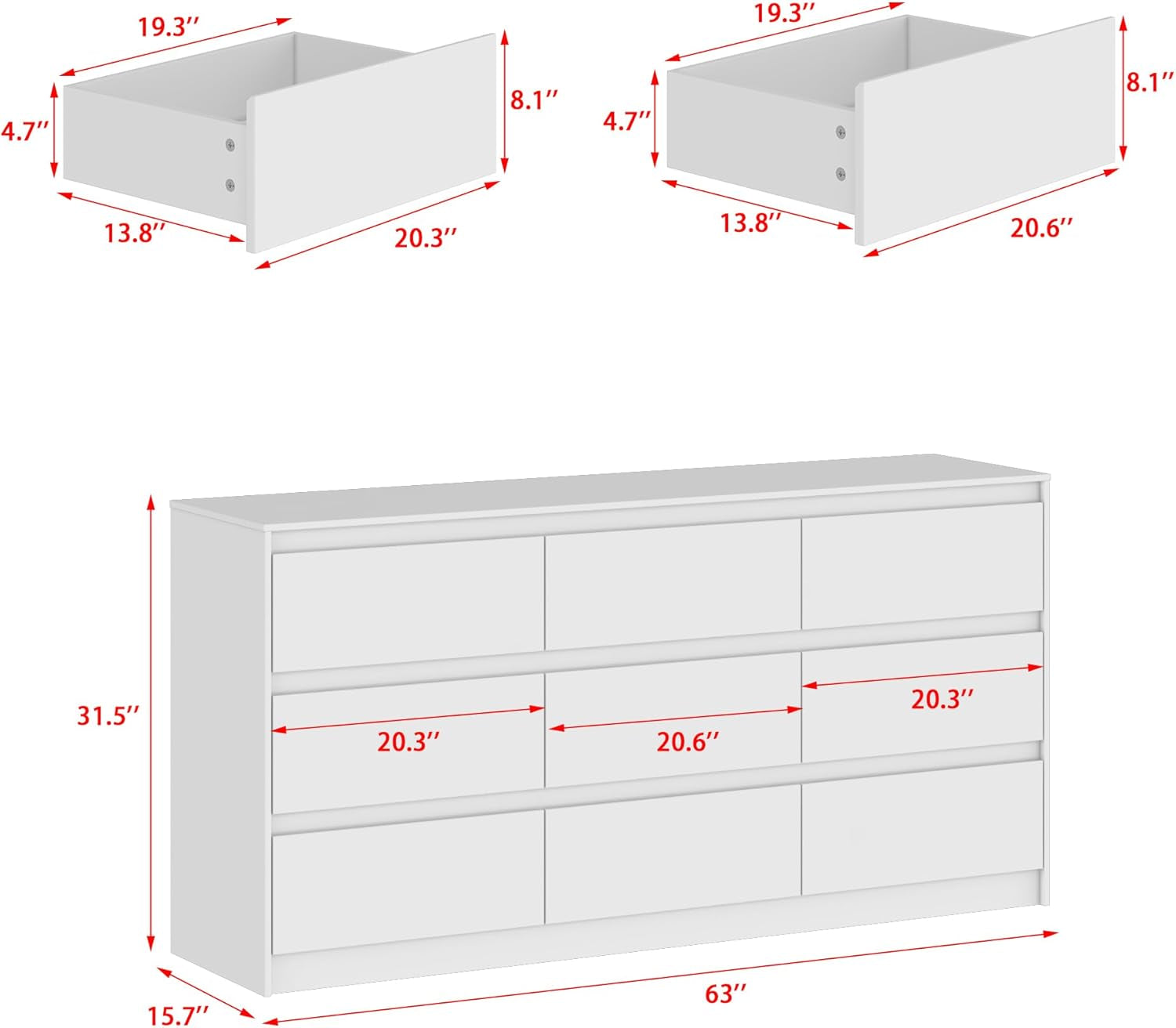 9 Drawer Dresser for Bedroom with Deep Drawers, Large Floor Wood Dressers & Chest of Drawers Handle Free, Modern White Long Dressers for Closet Living Room, Euro Slide (63"W X 15.7"D X 31.5"H)