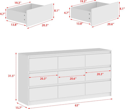9 Drawer Dresser for Bedroom with Deep Drawers, Large Floor Wood Dressers & Chest of Drawers Handle Free, Modern White Long Dressers for Closet Living Room, Euro Slide (63"W X 15.7"D X 31.5"H)