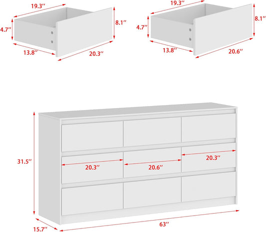 9 Drawer Dresser for Bedroom with Deep Drawers, Large Floor Wood Dressers & Chest of Drawers Handle Free, Modern White Long Dressers for Closet Living Room, Euro Slide (63"W X 15.7"D X 31.5"H)