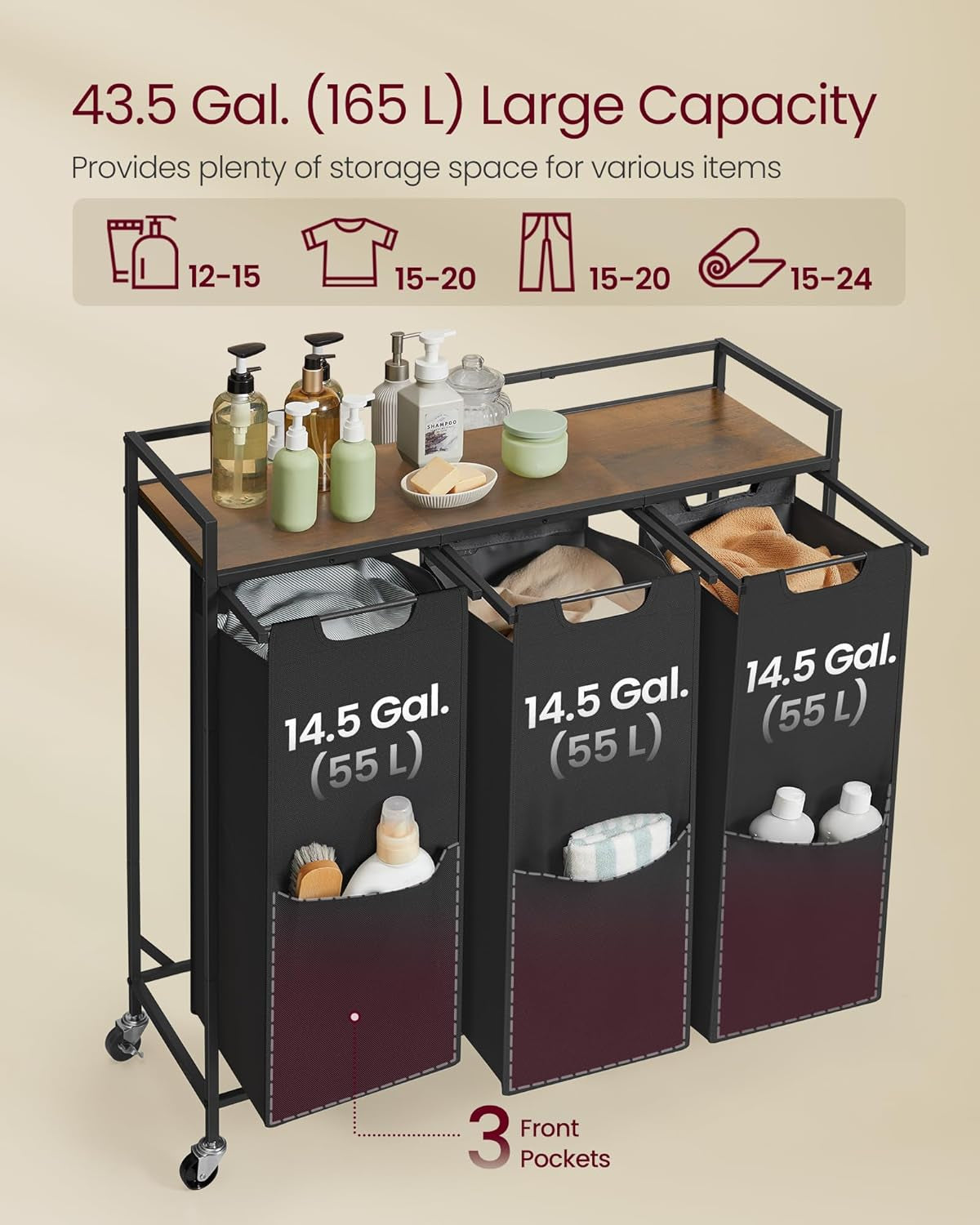 Laundry Sorter, 29 Gal. (110 L) Laundry Hamper Basket with 2 Compartments, Rolling Cart with Wheels, Shelf, Removable Bags, Pockets, Slate Gray and Charcoal Gray UBLH021G01