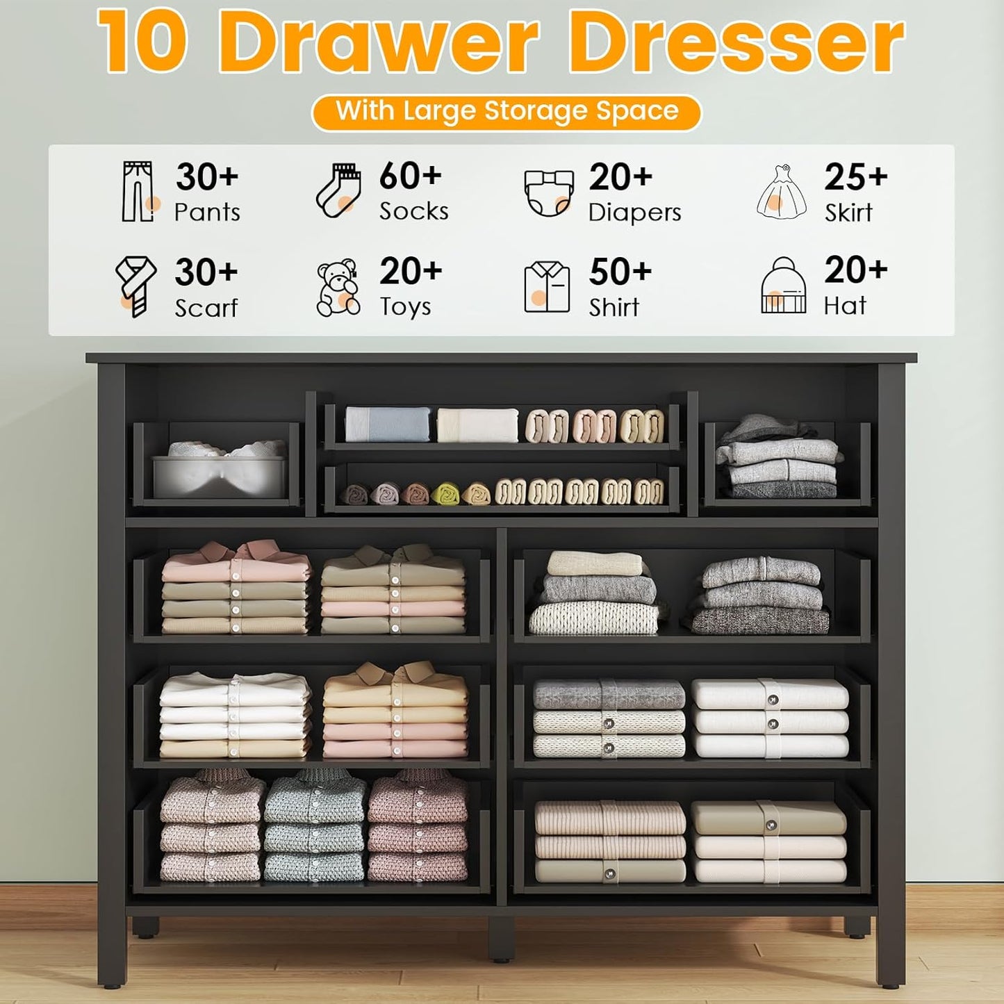 10 Drawer Large Black Dresser for Bedroom, 47.2" Long Chest of Drawers with Deep Drawers, Modern Wooden Storage Dresser for Closet, 36.2" Tall TV Stand for Living Room, Hallway, Entryway
