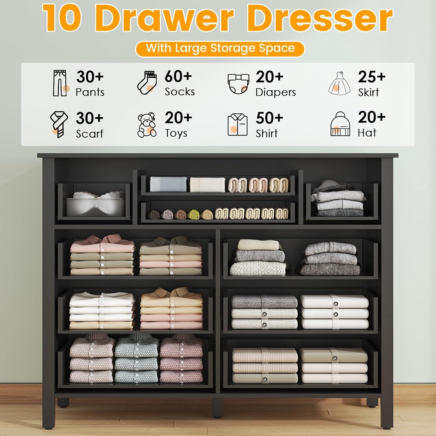 10 Drawer Large Black Dresser for Bedroom, 47.2" Long Chest of Drawers with Deep Drawers, Modern Wooden Storage Dresser for Closet, 36.2" Tall TV Stand for Living Room, Hallway, Entryway