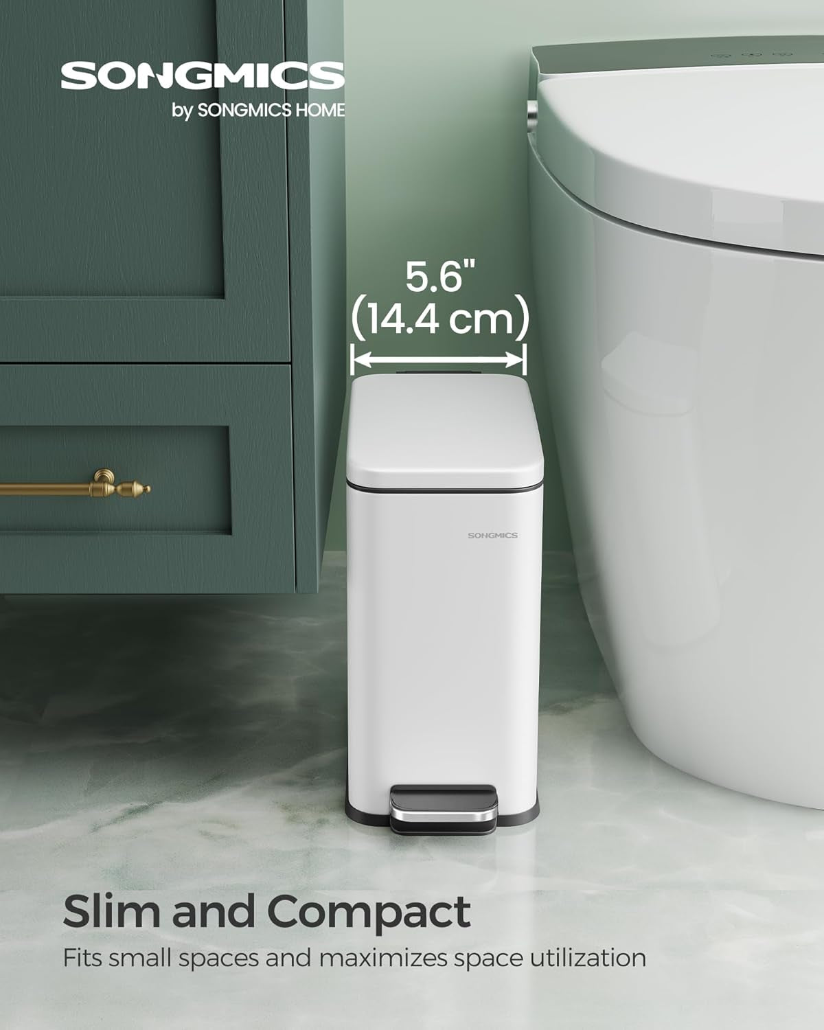 Bathroom Trash Can, 1.3 Gallon (5 L) Small Trash Bin with Lid, Slim for Small Spaces, Stainless Steel Garbage Can, Soft Close, White ULTB560W05