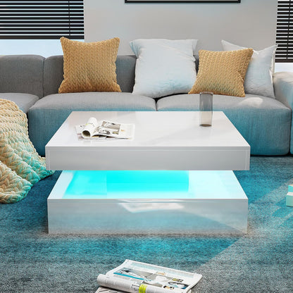 White LED Coffee Table for Living Room, 2-Tier Square Center Table Living Room Table, Modern High Glossy Contemporary Wood Coffee Tables with Storage, Suitable for Dining Reception