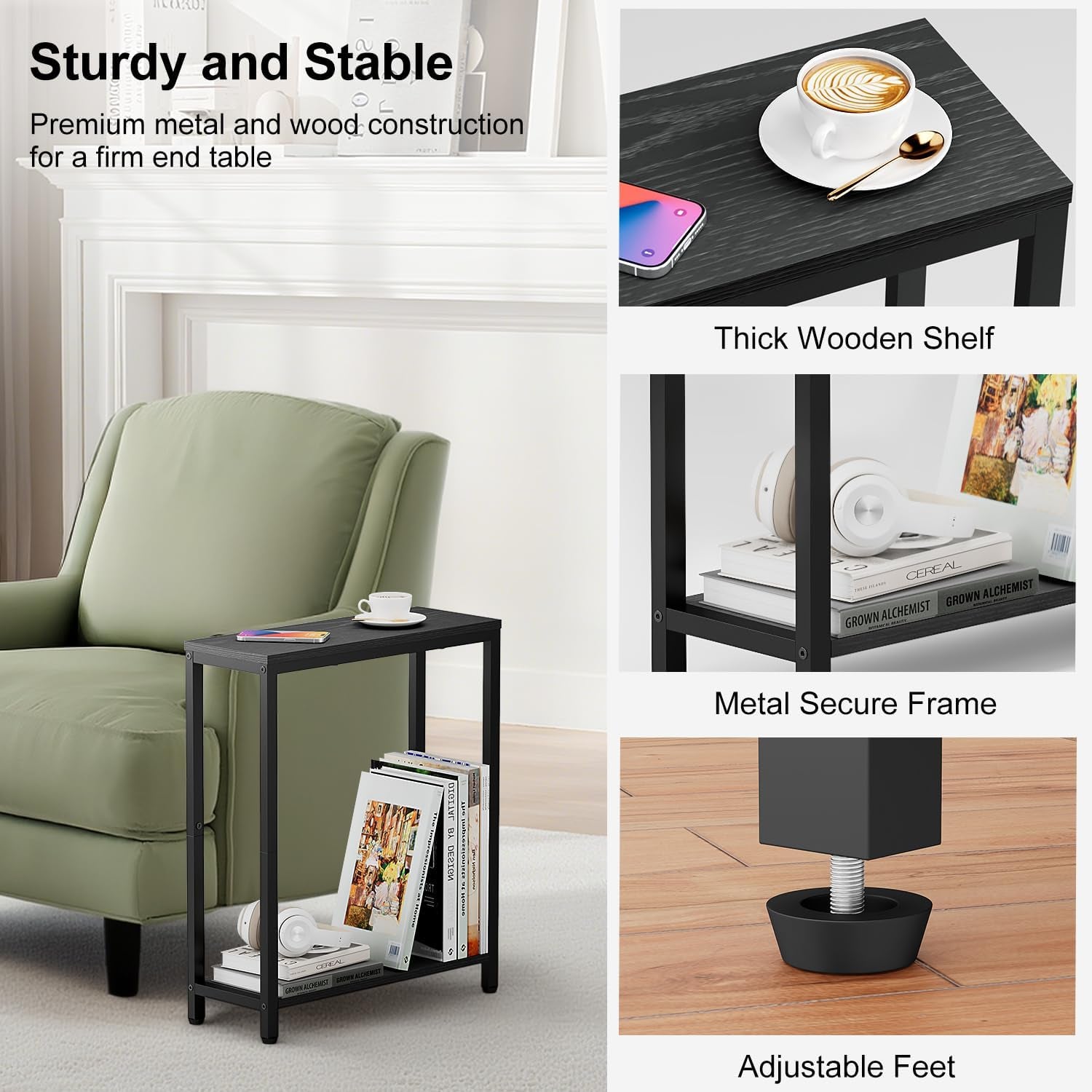 8.6” Narrow Small Side Table for Small Spaces, 2 Tier Skinny Couch End Tables Living Room, Slim Nightstand for Bedroom Bedside, Brown