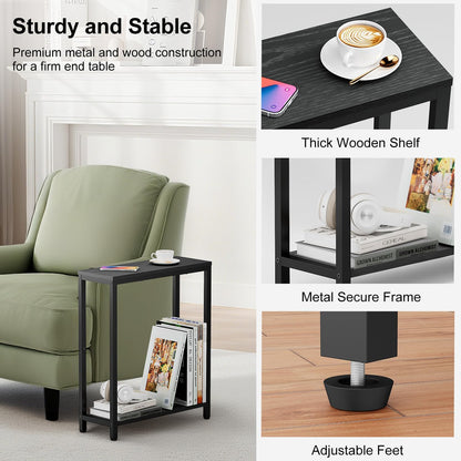 Narrow End Table for Small Spaces, 2 Tier Skinny Small Side Tables Living Room, Slim Couch Nightstand for Bedroom Bedside, Black