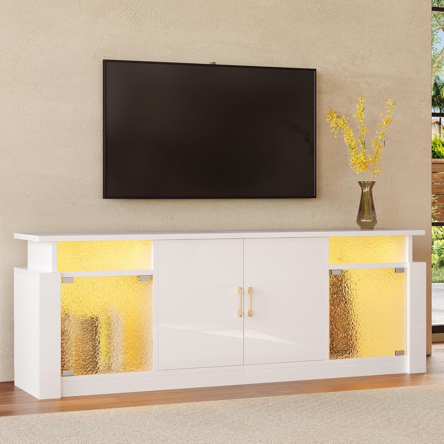 TV Stand for 65/70 Inch TV, High Gloss Entertainment Center with Storage Cabinets & Adjustable Shelves, Modern TV Console with Acrylic Door, TV Stands for Living Room Bedroom (Glossy White)