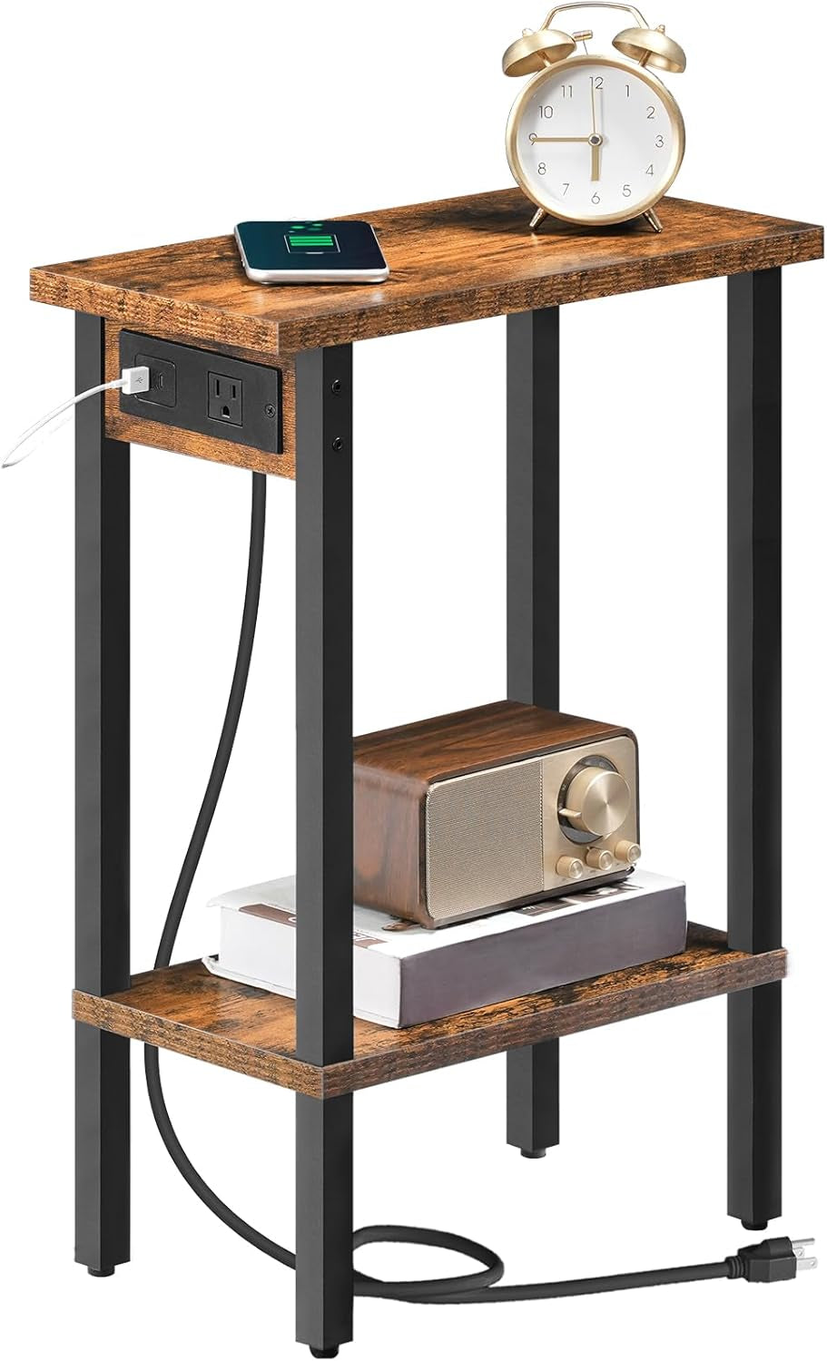 Small End Table with Charging Station, Narrow Side Table with USB Port and Outlets, Skinny Sofa Table, Slim Nightstand, Living Room, Bedroom, Rustic Brown and Black BF240UBZ01