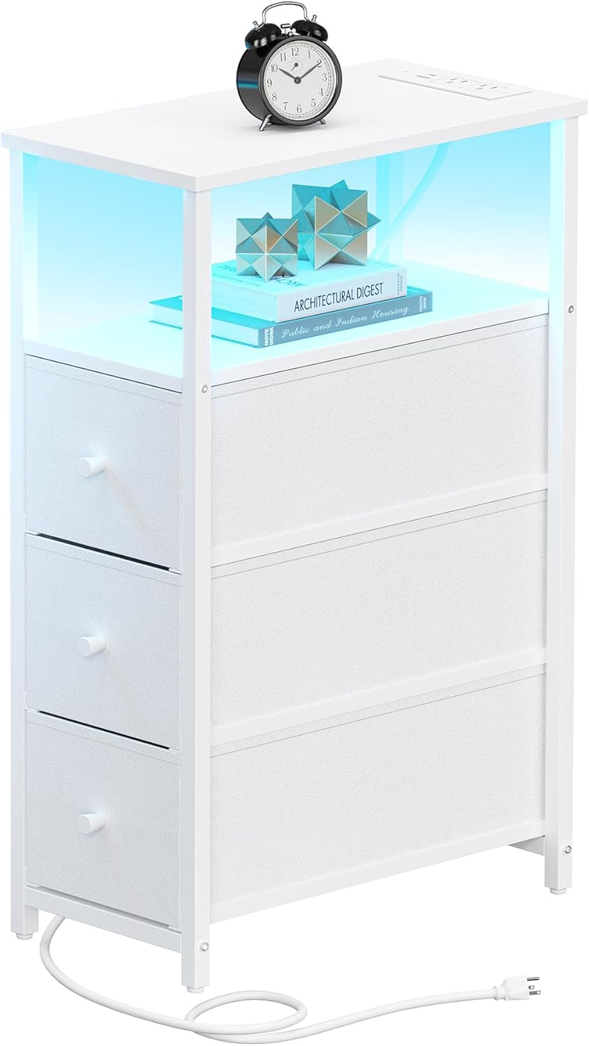 Narrow LED Night Stand with Charging Station, Slim End Table with Plugins, Tall Side Table with 3 Fabric Drawer, Small Bedside Table with Storage, for Living Room, White TB01BW086L