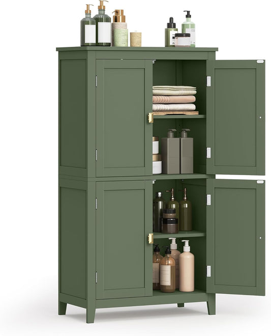 Bathroom Floor Storage Cabinet, Bathroom Storage Unit, Freestanding Cabinet with 4 Doors, Adjustable Shelves, 11.8 X 23.6 X 43.3 Inches, Forest Green UBBC552C01