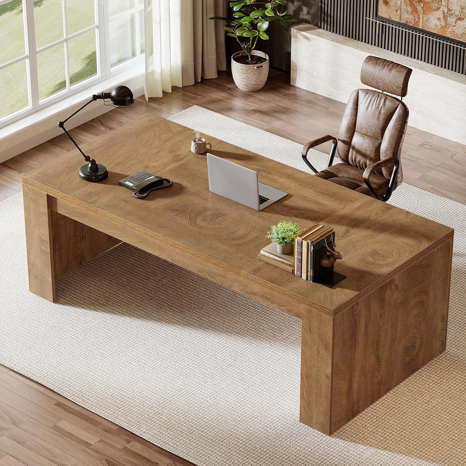 70.9-Inch Executive Desk, Large Wooden Computer Office Desk with Sturdy Double Pedestal Legs, Writing Table Business Workspace Home Office Furniture for Home Office (Brown)