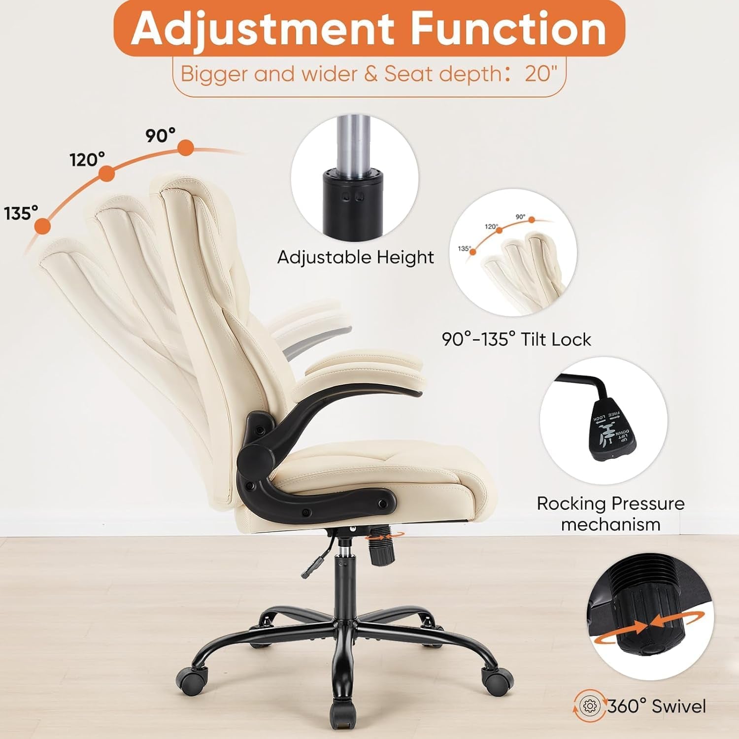 Ergonomic Office Chair Heavy Duty Task Desk Chair with Flip-Up Arms, PU Leather, Adjustable Swivel Rolling Chair with Wheels, Beige