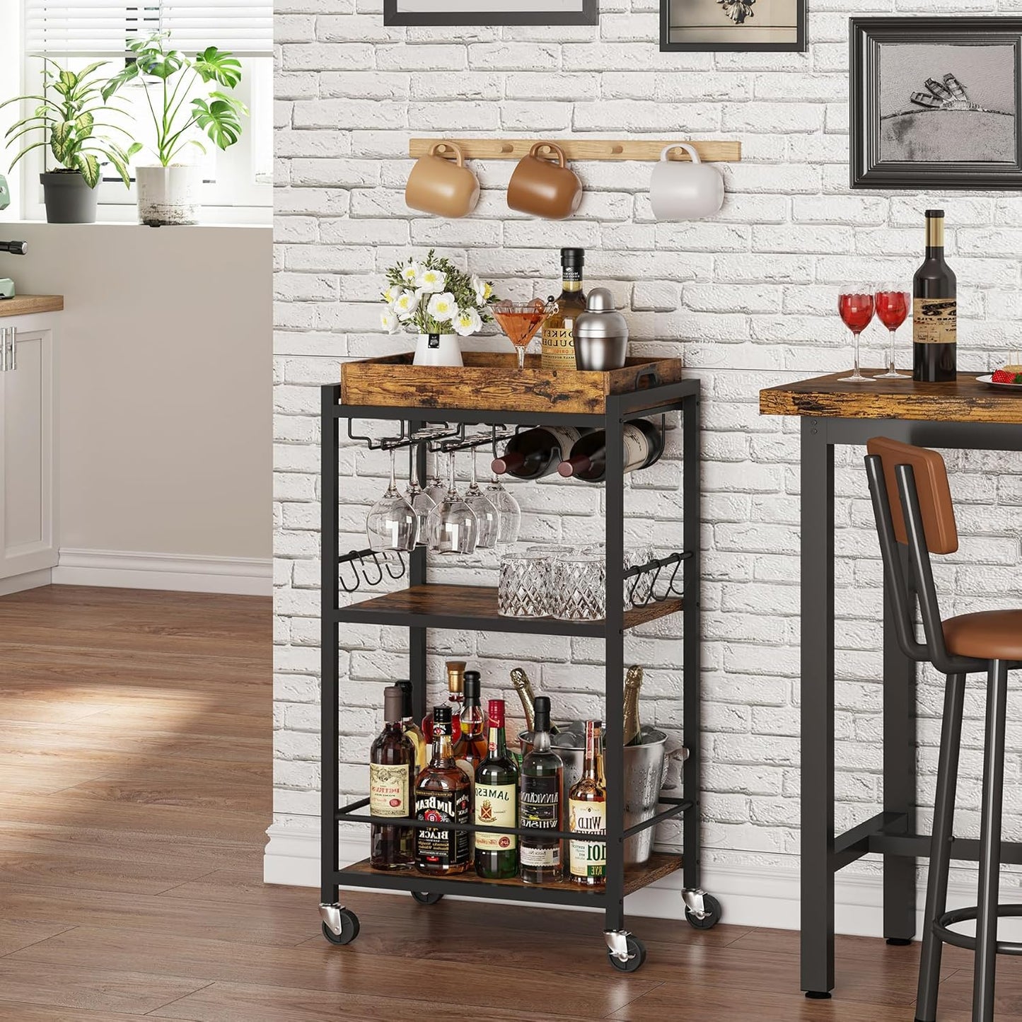 Bar Cart with Removable Tray, Home Bar Serving Cart, Drink Cart, Mobile Kitchen Shelf with Wine Rack and Glass Holder, Rolling Beverage Cart for Living Room, Kitchen, Brown BC01BB036