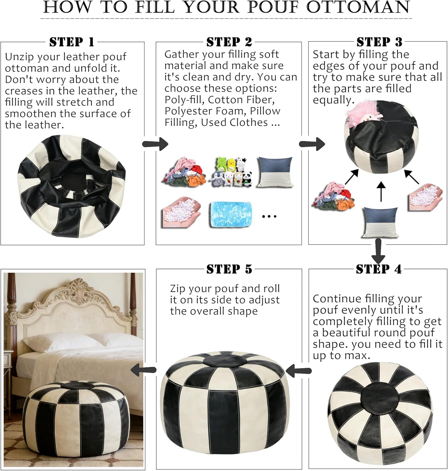 Unstuffed Moroccan Ottoman Pouf Cover, Ottoman Footstool Storage Solution, Bean Bag Chair, Foot Rest, Multi-Black&White