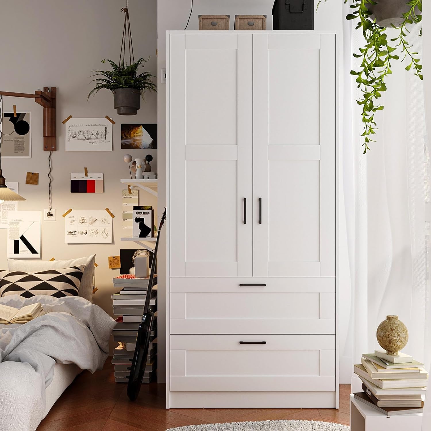 Wood White Wardrobe Closet with 2 Doors and 2 Drawers，Bedroom Freestanding Armoire Storage Cabinet with Shelves，Wooden Wardrobe Combination for Hanging Clothes (White 2 Drawers)