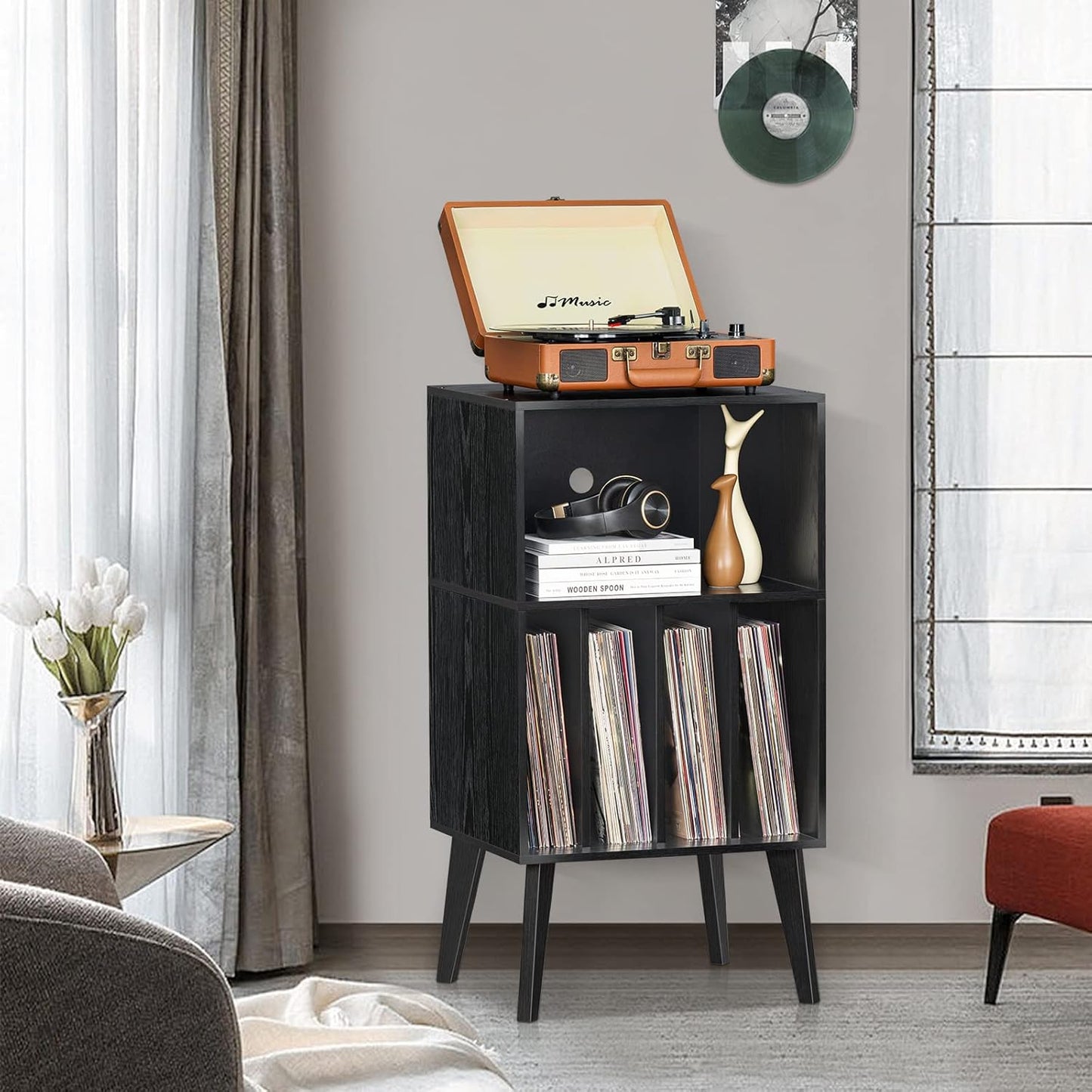 Record Player Stand, Black Turntable Stand Holds up to 160 Albums, Mid-Century Vinyl Storage Cabinet Table with Solid Wood Legs, Record Player Holder Dispaly Shelf for Bedroom Living Room