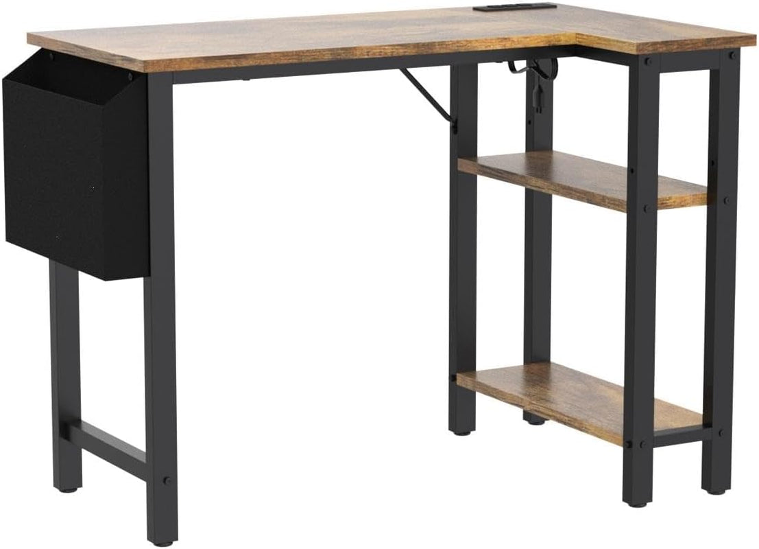 Small L Shaped Desk with Power Outlet Shelves, 40 Inch Reversible Corner Desk for Small Space Home Office, L-Shaped Computer Desk PC Desks with Charging Station, Rustic Brown