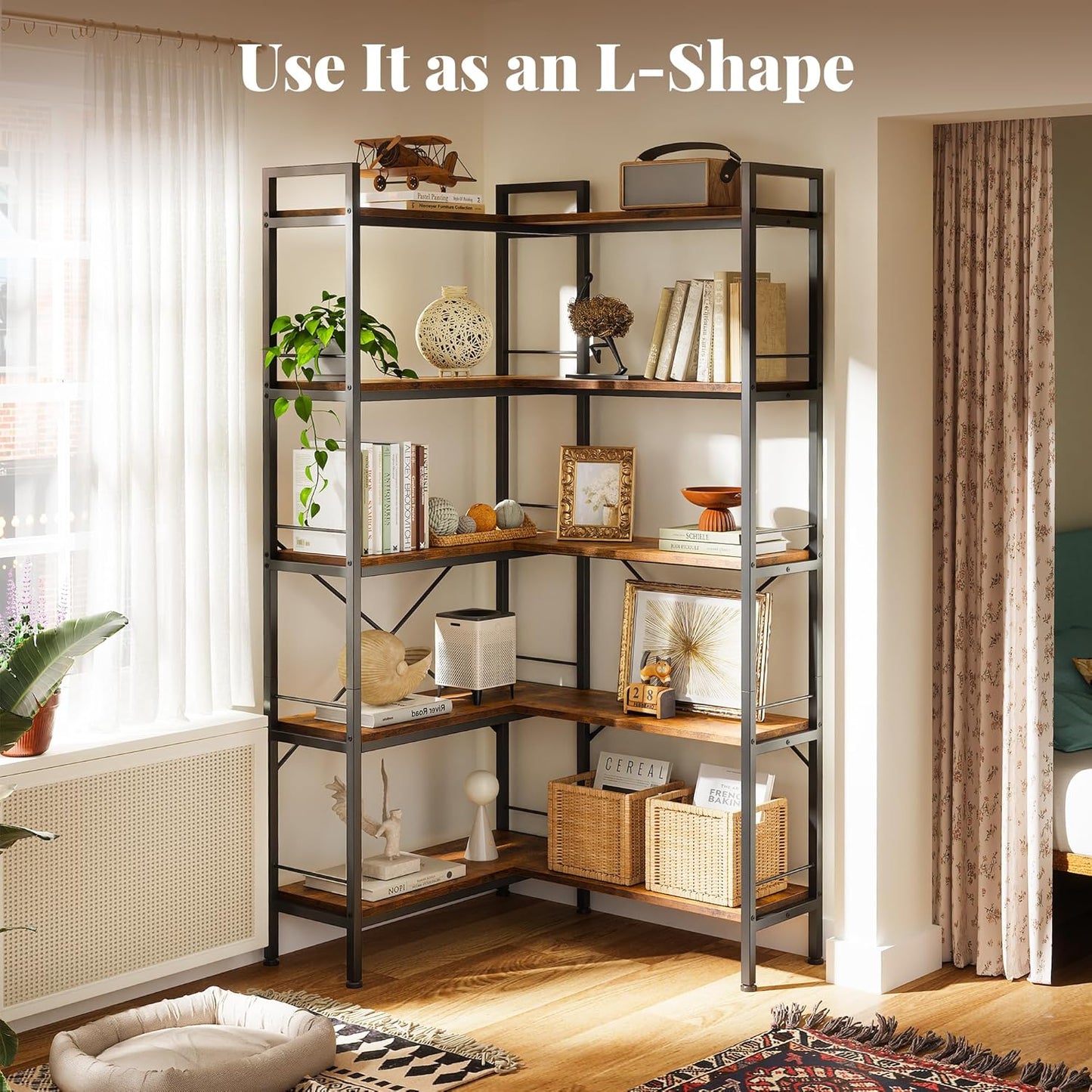 5 Tier Bookshelf, L Shaped Corner Bookshelf with 10 Open Shelves, 49.4 Inch Straight Wide Bookcase with Metal Frame and Wooden Board, Adjustable Feet, Rustic Brown