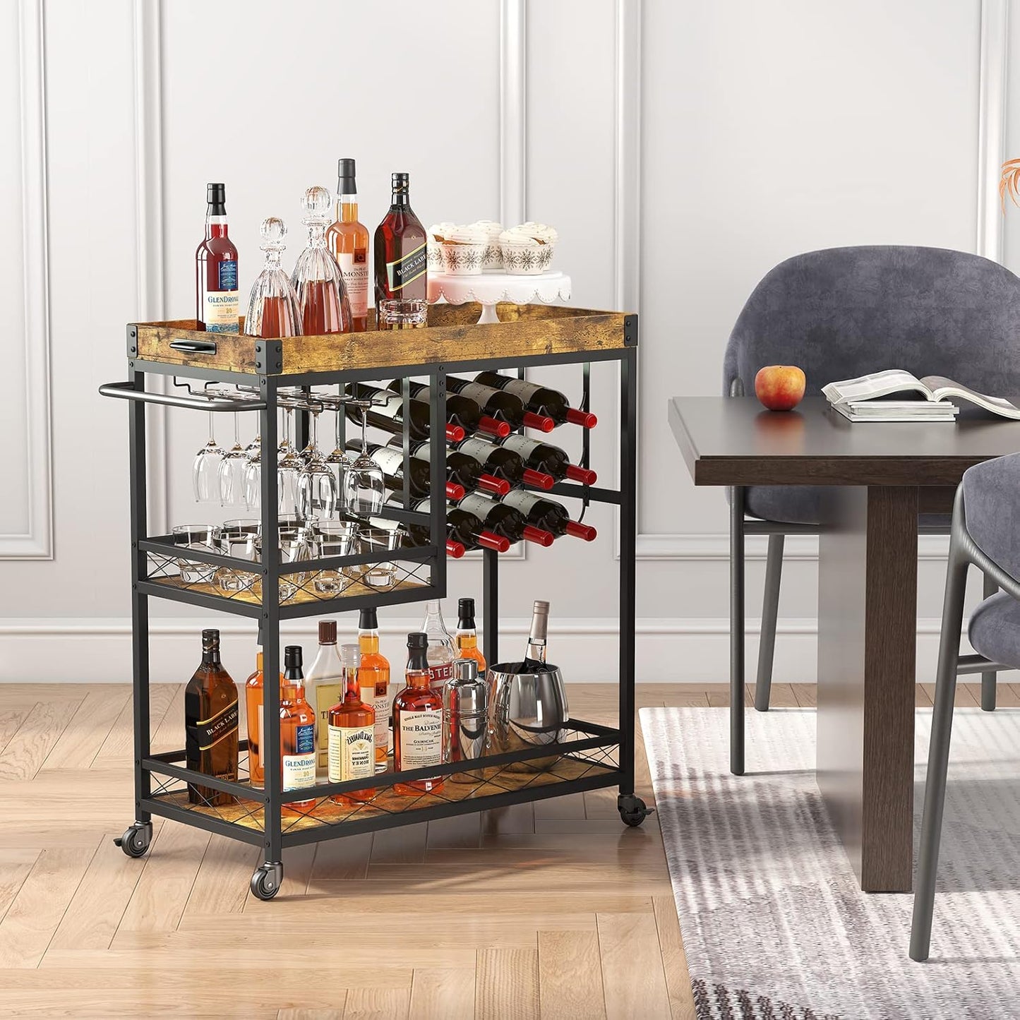 Bar Cart, Home Bar Serving Cart, 3 Tier Drink Cart with 12 Wine Bottle Racks, Liquor Beverage Cart for Kitchen Dining Livingroom, 31.5" X 15.7" X 36.6", Removable Top Tray, Rustic Brown