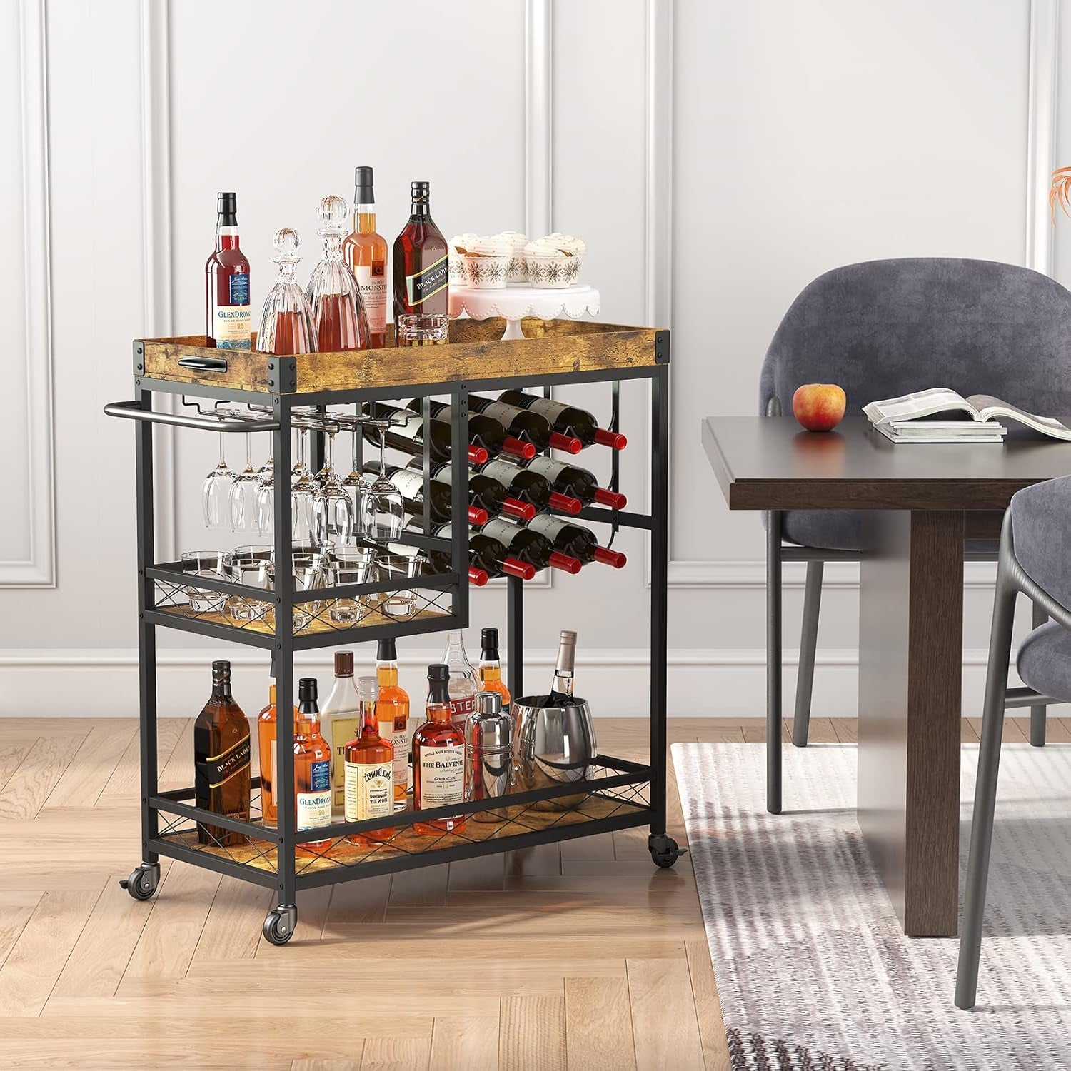 Bar Cart, Home Bar Serving Cart, 3 Tier Drink Cart with 12 Wine Bottle Racks, Liquor Beverage Cart for Kitchen Dining Livingroom, 31.5" X 15.7" X 36.6", Removable Top Tray, Rustic Brown