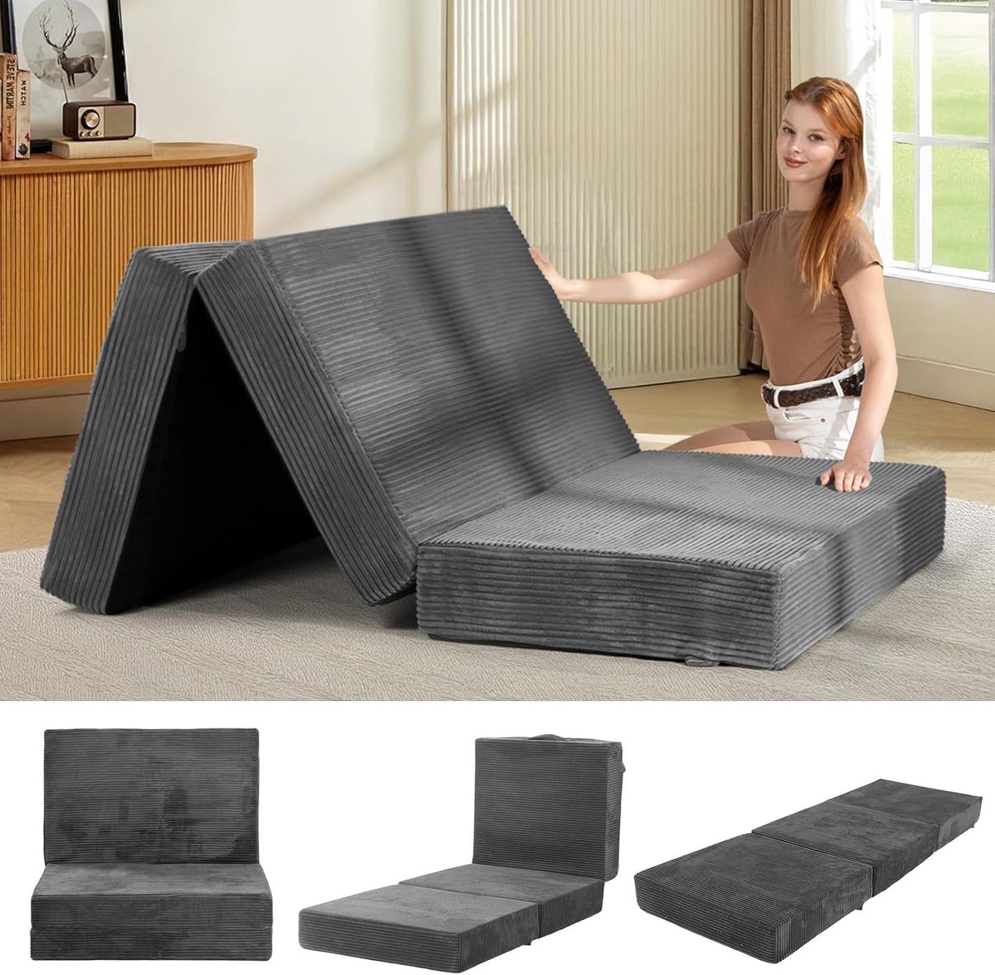 6-Inch Tri-Fold Mattress Twin Size - Foldable Futon Sofa Bed with Removable Washable Cover, Folding Memory Foam Futon Mattress | Non-Slip Bottom & Carry Handles for Guest, Camping, Dorm