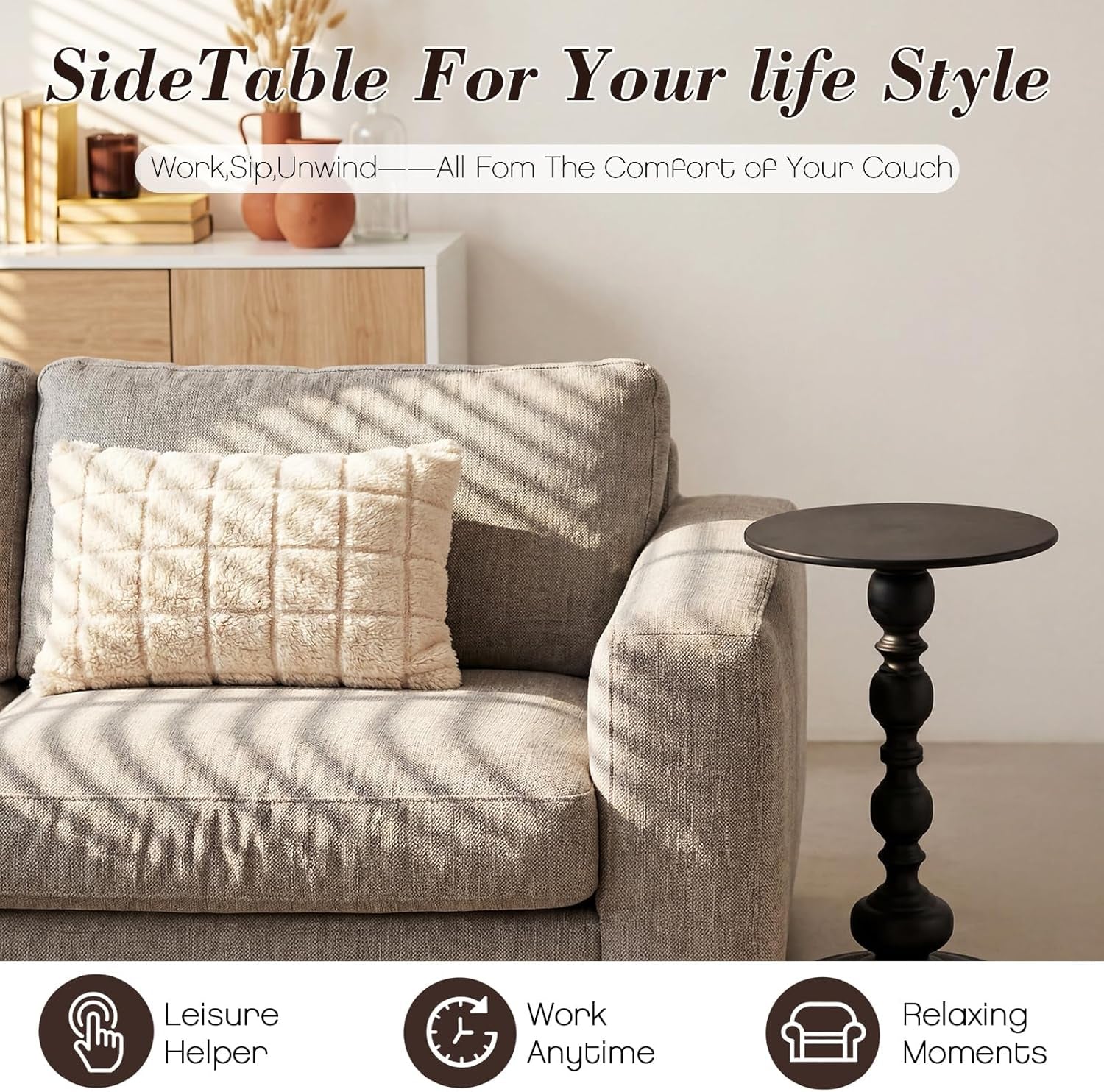 2 Set Pedestal Metal round Side Table Small Black End Table Vintage Sofa Coffee Drink Tables for Small Space Matte Modern Drink Tables for Sofa, Living Room, Bedroom, Bed, 11.8"W X 20.47"H