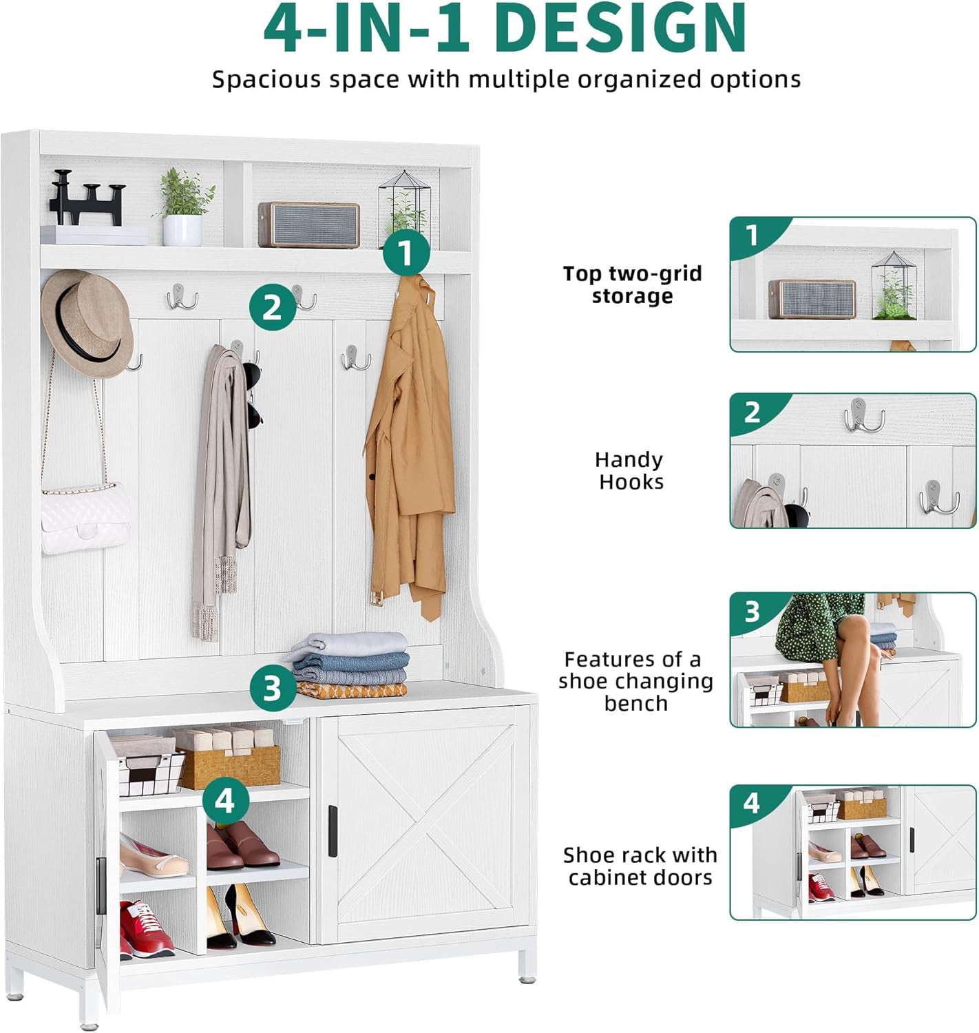 Hall Tree with Shoe Storage Bench for Entryway, 4-In-1 Coat Rack with Bench, Entrance Organizer, Hall Tree with Adjustable Shoe Storage and Hanging Hooks, White