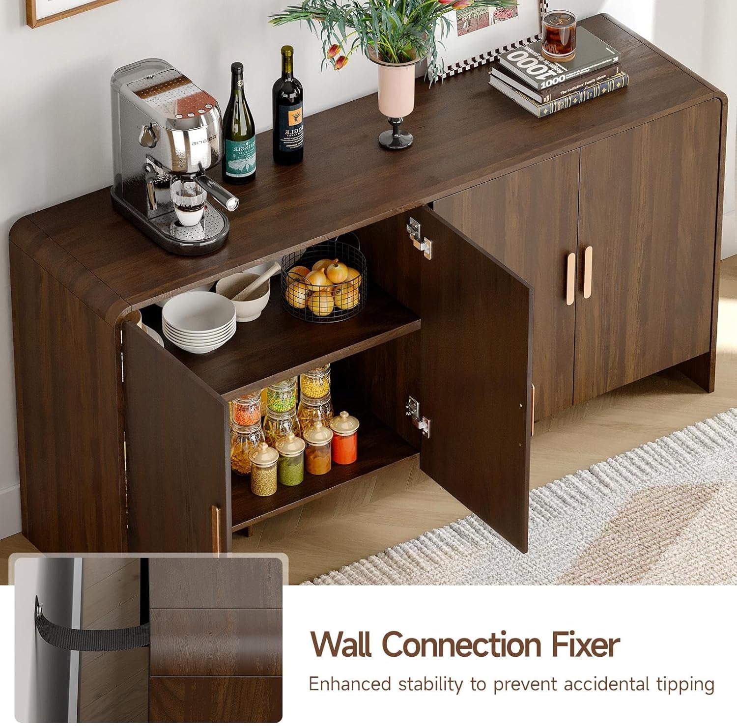 60" Sideboard Buffet Cabinet with Storage, Curved Design Farmhouse Coffee Bar Cabinet with 4 Doors & Adjustable Shelves for Living Room, Kitchen, Hallway, Walnut