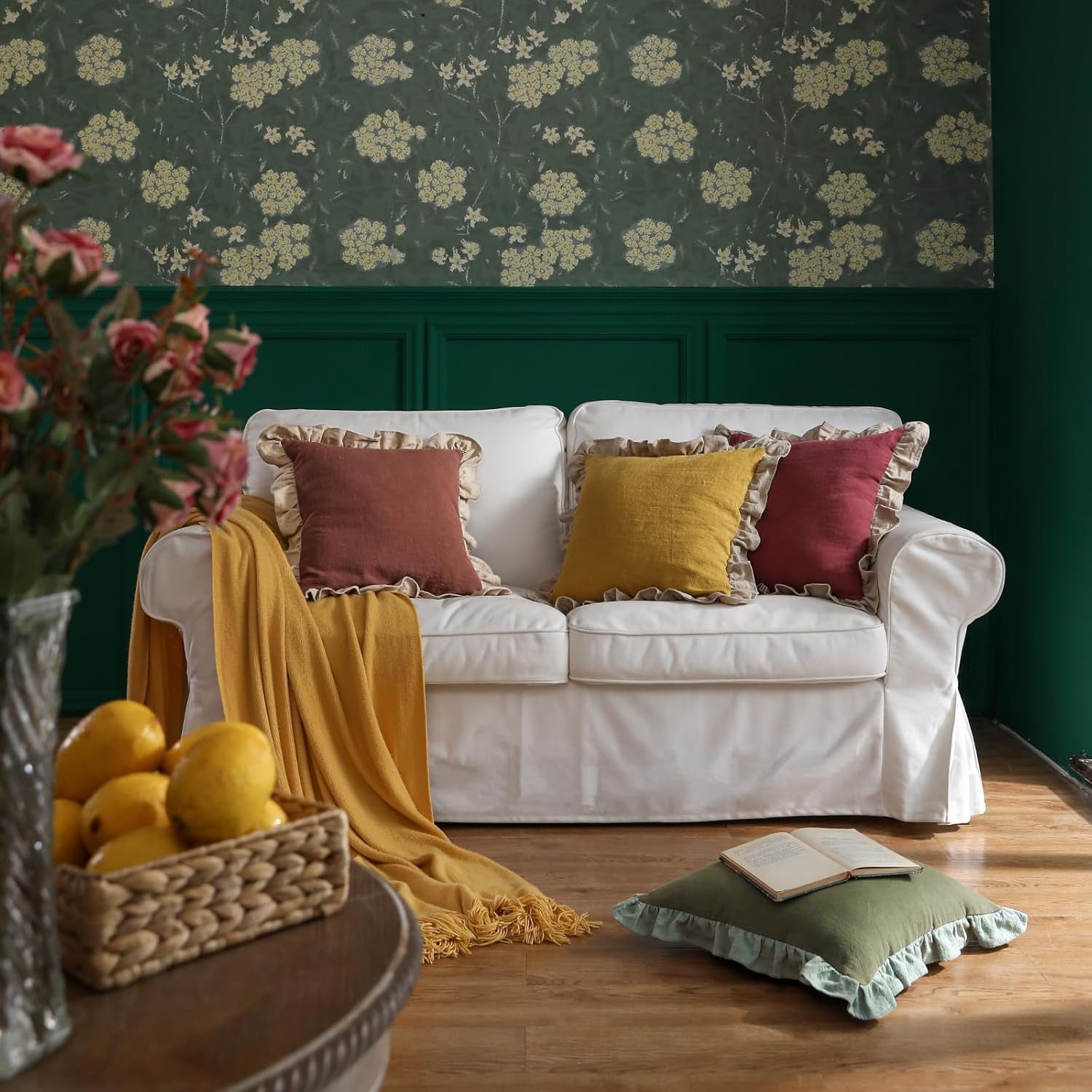 Green Shabby Chic Decorative Throw Pillow Covers 18X18 Set of 2,Farmhouse Linen Pillow Covers with Ruffles,Square Sturdy Throw Pillow Case for Couch Sofa Bed Living Room