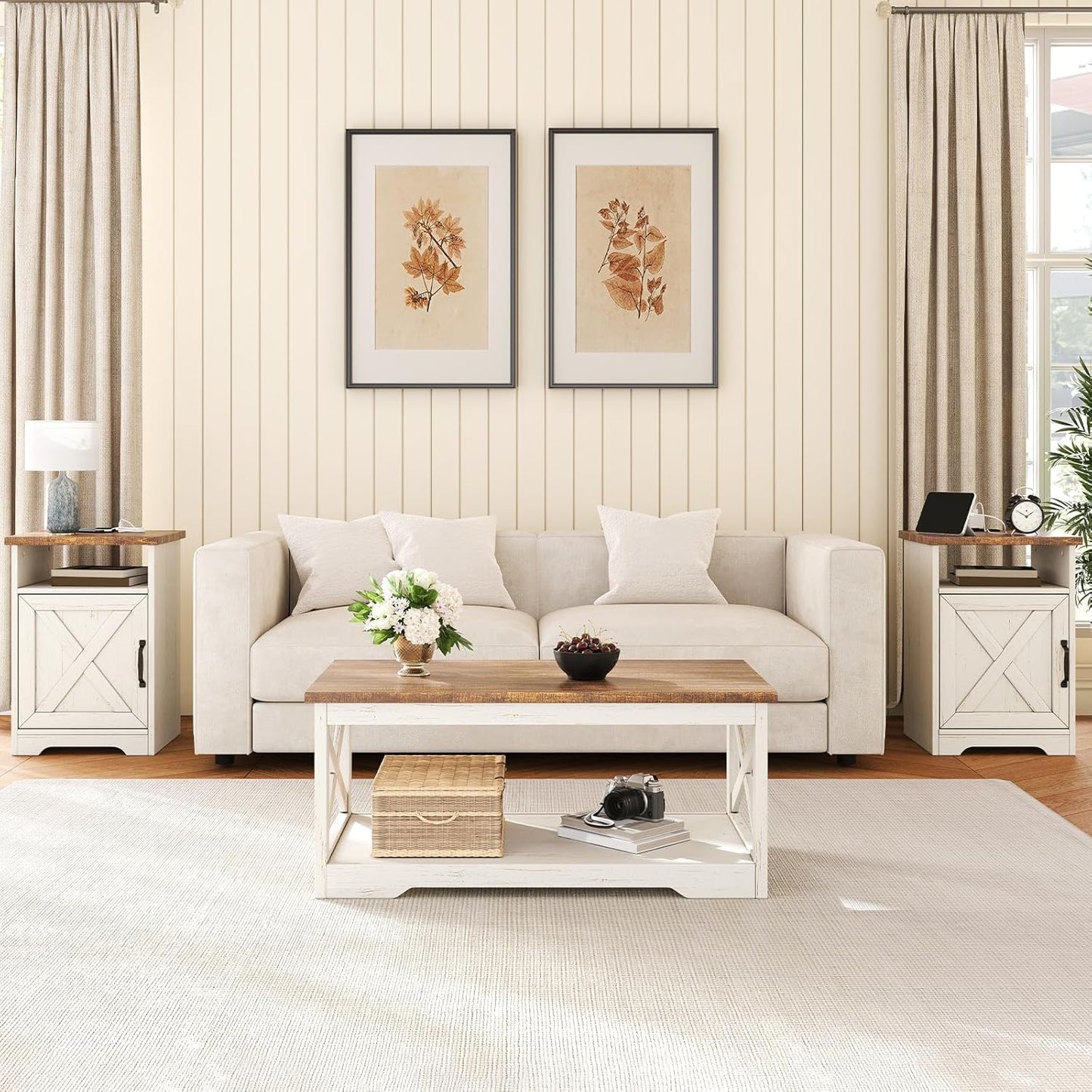 3-Piece Farmhouse Living Room Table Set with Coffee Table & 2 End Tables, Charging Station & USB Ports, Distressed White