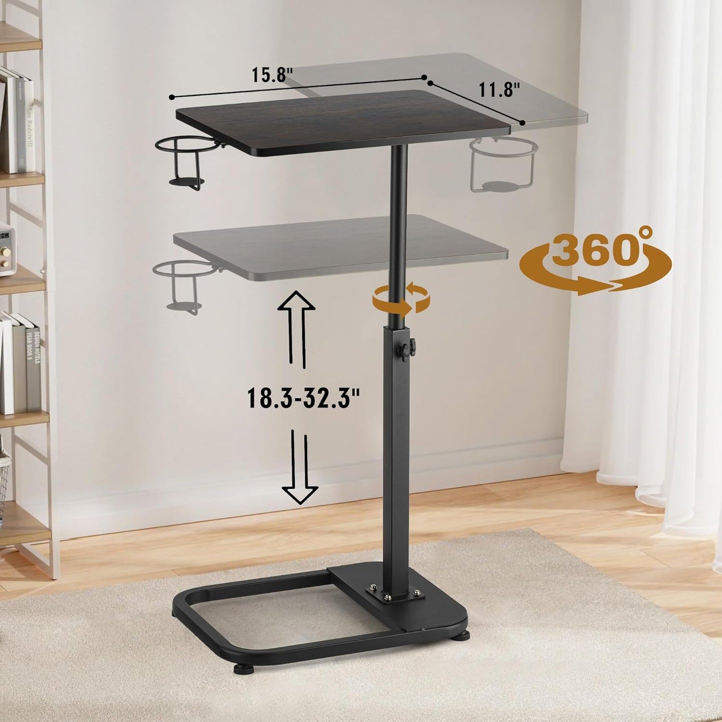 Adjustable TV Tray Table with Rounded Metal Corners, C-Shaped Snack Table for Couch, Sofa, Bed or Chair, Small Space Side Table for Eating, Dinner, or Laptop Use