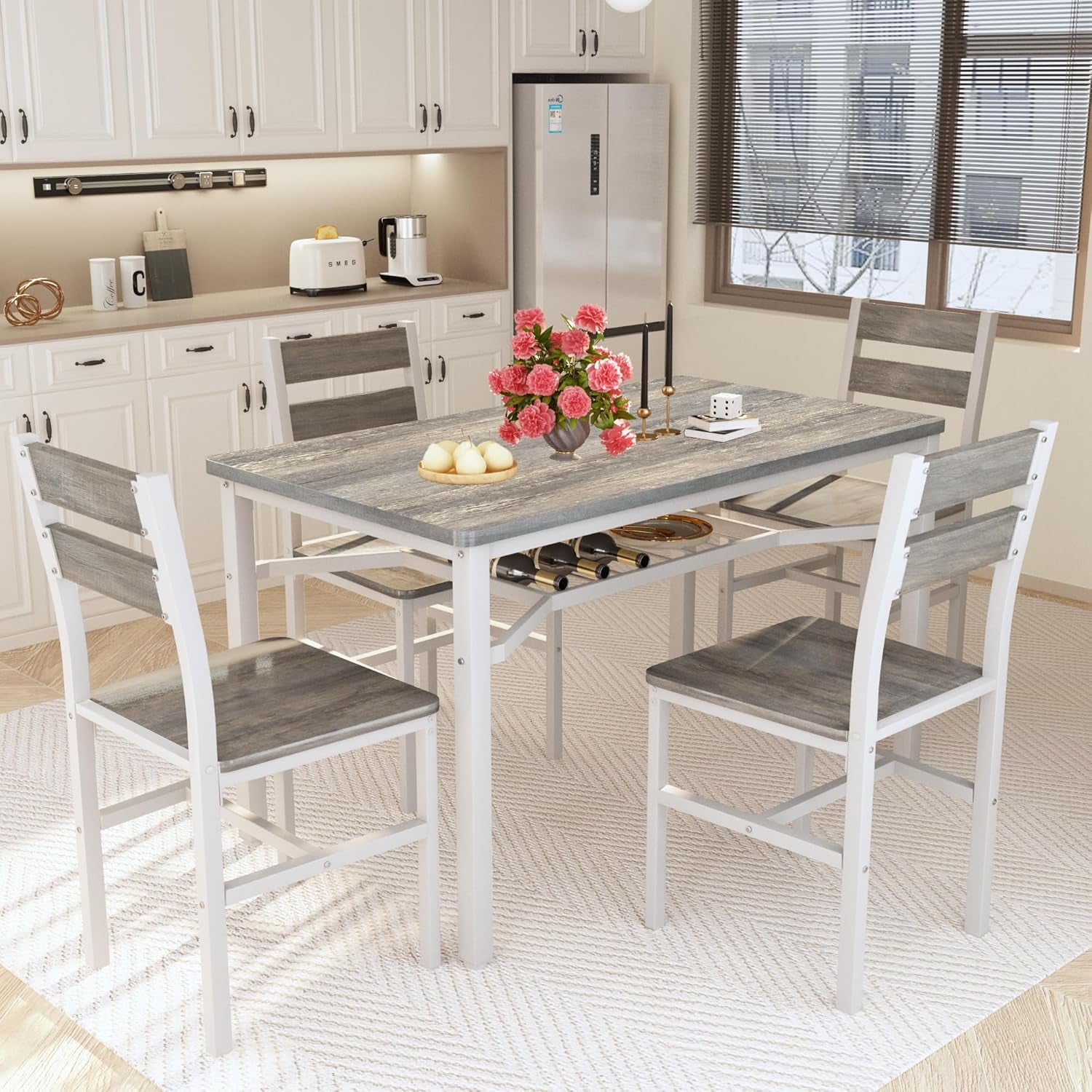 Dining Table Set for 4, Wood Kitchen Table Chairs Set with Storage, Farmhouse 5 Piece Dining Room Table Set, Space-Saving Dinette Set for Breakfast Nook, Apartment