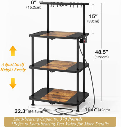 Kitchen Bakers Rack with Power Outlet - Easy & Tool-Free Assembly, Adjustable Coffee Bar Station 4 Tiers, Microwave Stand with 12 Hooks, Brown