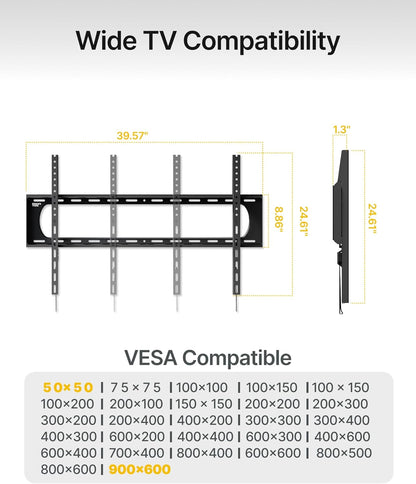 Heavy Duty Fixed TV Wall Mount Bracket for 60–120" Flat & Curved Tvs up to 300Lbs, 4× Load Tested, Ultra Slim 1.3" Low Profile, Max VESA 900X600, Quick-Release Lock, Fits 16"/18"/24" Wood Studs