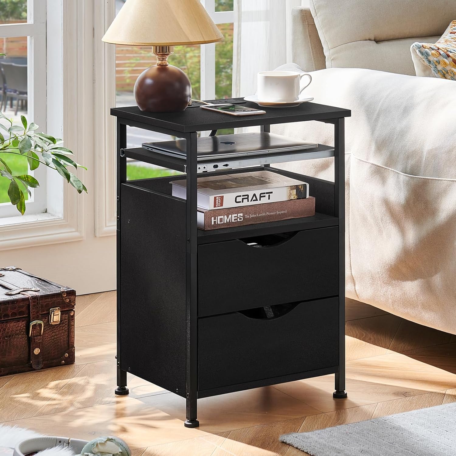 End Table with Charging Station, Narrow Side Table with 2 Drawers, Nightstand with 7 Color LED Light, Slim Bedside Table for Bedroom, Living Room, Small Spaces, Black
