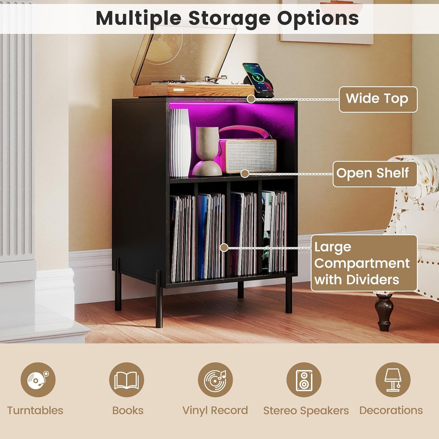Record Player Stand with LED Lights & Charging Station, Turntable Stand with Record Holder, Record Player Table with Metal Legs, Vinyl Record Storage for Living Room, Music Room, Black