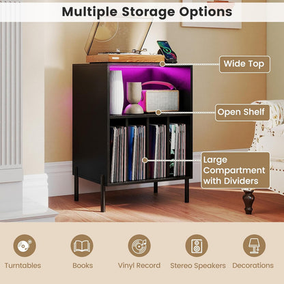 Record Player Stand with LED Lights & Charging Station, Turntable Stand with Record Holder, Record Player Table with Metal Legs, Vinyl Record Storage for Living Room, Music Room, Black