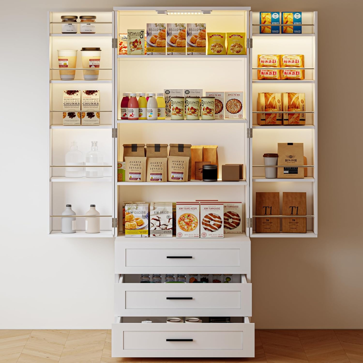 72" LED Kitchen Pantry Cabinet with 3 Drawers Farmhouse Tall Storage Cabinet Wood Food Pantry with Barn Doors and Adjustable Shelves Versatile Storage Freestanding Cupboard for Kitchen