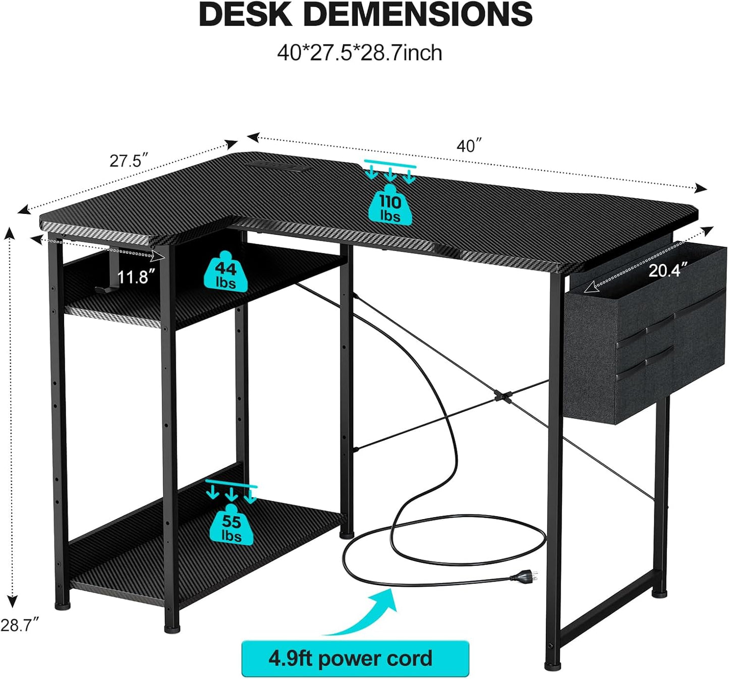 Small Gaming Desk with Power Outlets, 40 Inch L Shaped Desks with Reversible Shelves and Storage Bag,Computer Desk Corner Desk PC Desk for Gaming and Home Office Table,Black Carbon