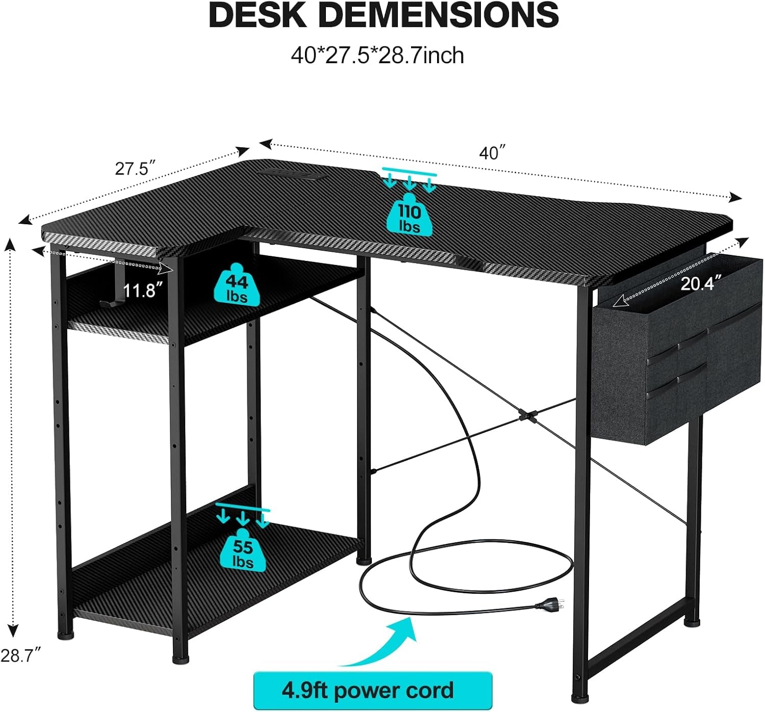 Small Gaming Desk with Power Outlets, 40 Inch L Shaped Desks with Reversible Shelves and Storage Bag,Computer Desk Corner Desk PC Desk for Gaming and Home Office Table,Black Carbon