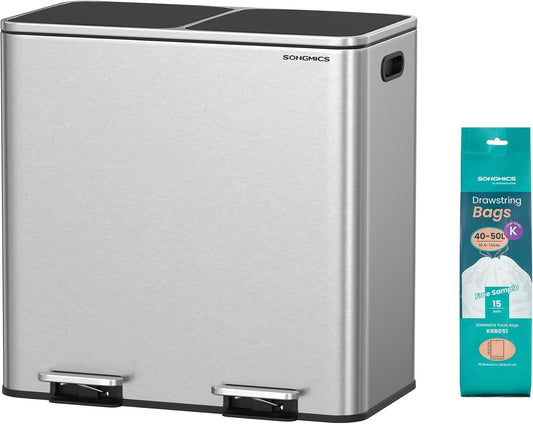 Trash Can, 2 X 10.6 Gallon (2 X 40 L) Garbage Can for Kitchen, with 15 Trash Bags, 2 Compartments, Plastic Inner Buckets and Hinged Lids, Airtight, Silver and Black ULTB730E80