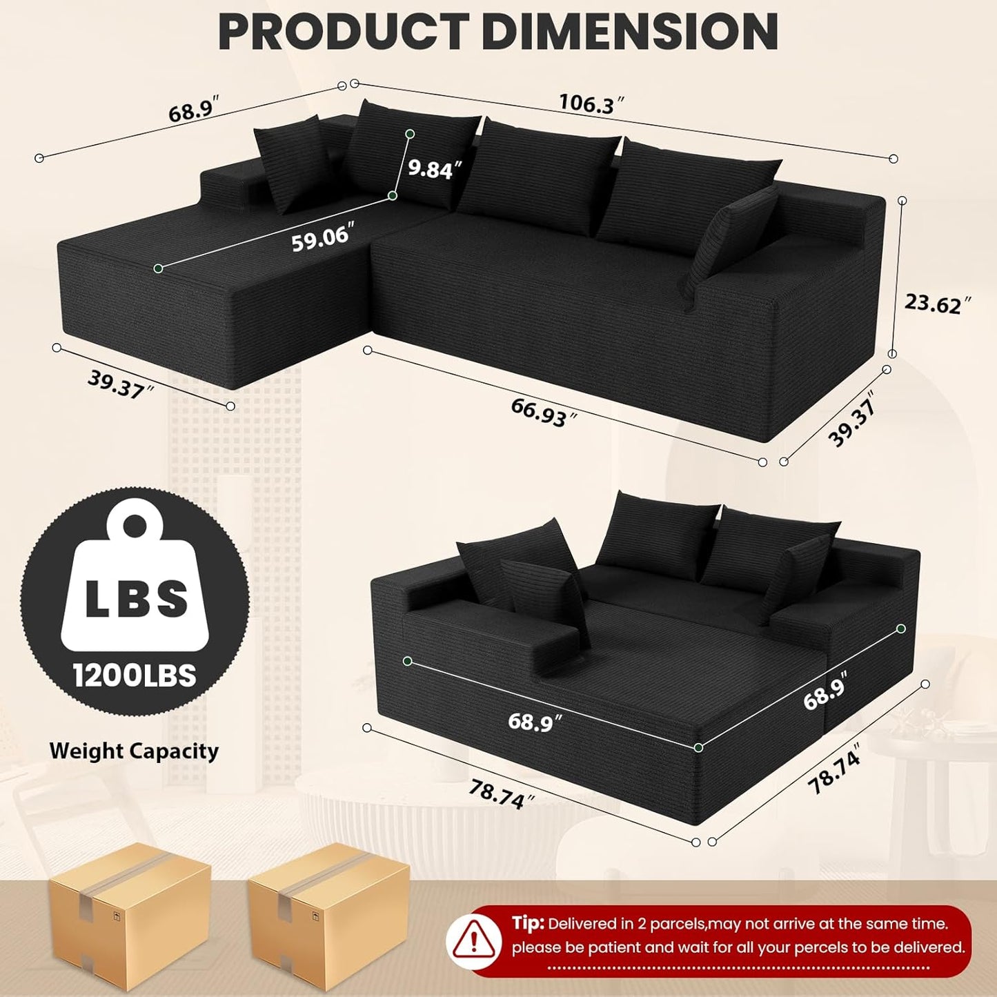 106" Cloud Sectional Couch with Deep Seat，Modern Modular Sofa with L-Shape Chaise，No Assembly Required, Upholstered Couches for Living Room Bedroom(Black,Left Facing Chaise)