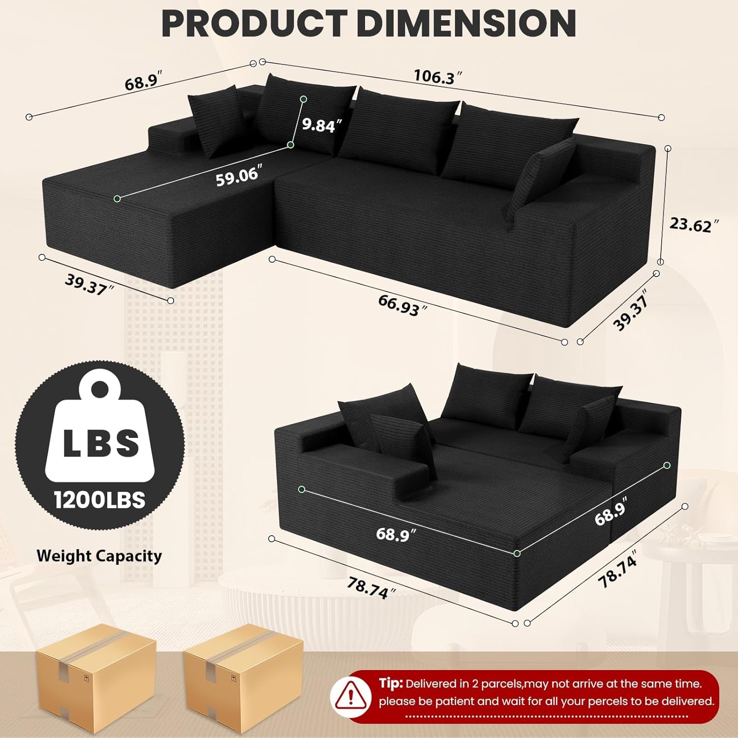 106" Cloud Sectional Couch with Deep Seat，Modern Modular Sofa with L-Shape Chaise，No Assembly Required, Upholstered Couches for Living Room Bedroom(Black,Left Facing Chaise)